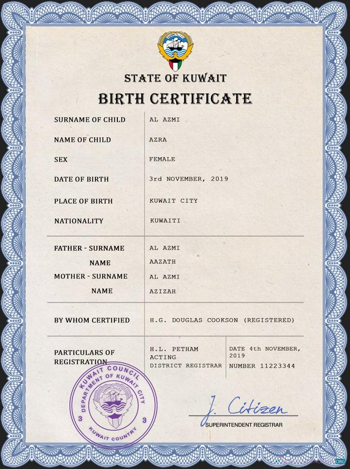 Download Kuwait vital record birth certificate PSD template Photoshop template